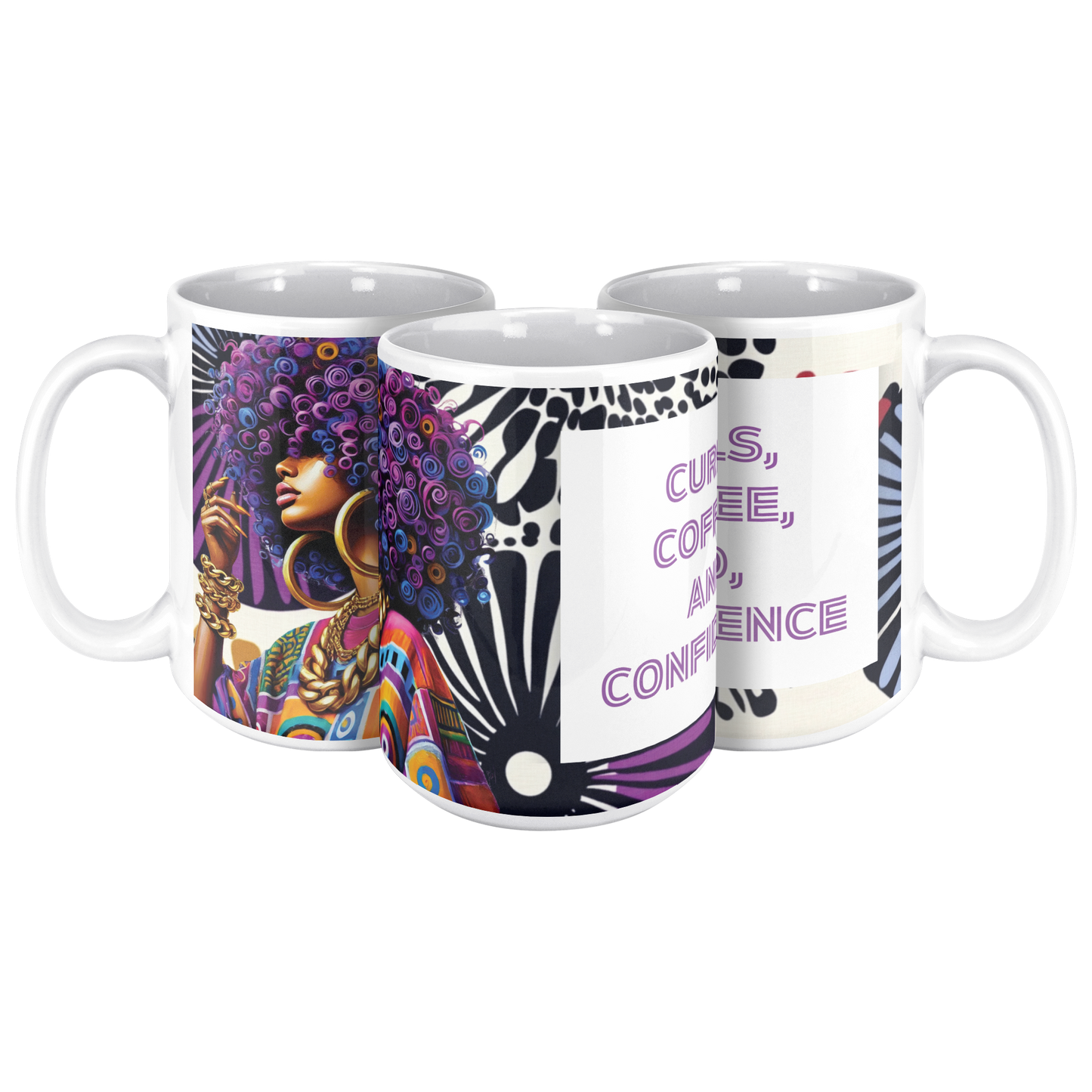 Curls, Coffee & Confidence Mug – 15oz Afrocentric Bold Beauty Vibes