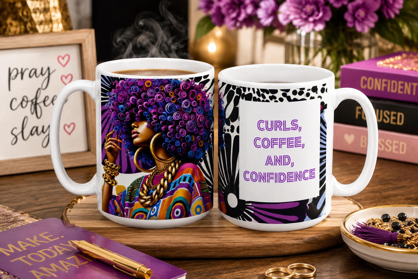 Curls, Coffee & Confidence Mug – 15oz Afrocentric Bold Beauty Vibes